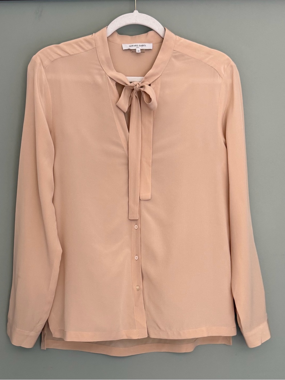 Gerard Darel 100% Silk Blush Pink Tie Neck Button Front V-Neck French Blouse